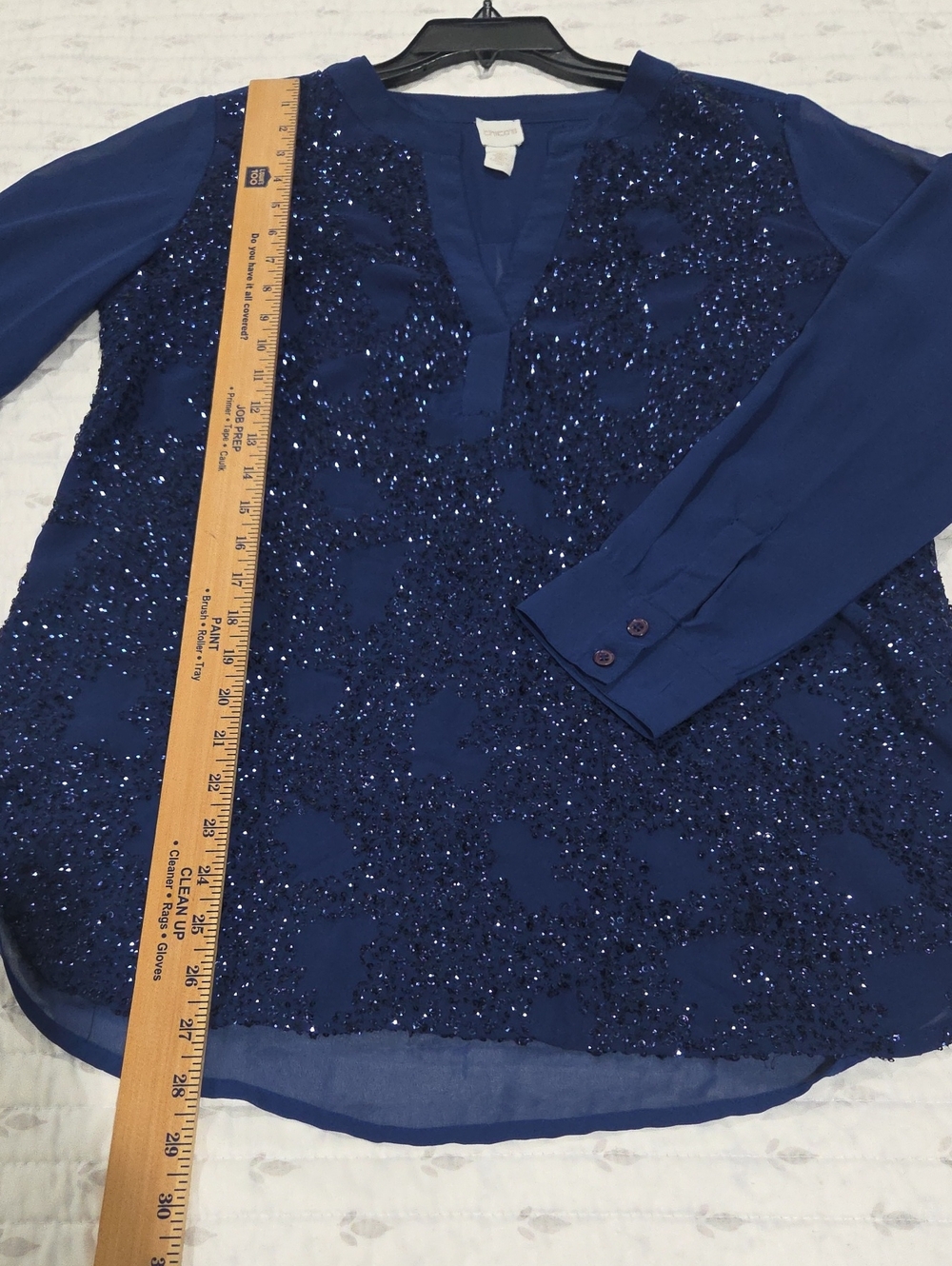 Beautiful Blue Beaded Top By Chicos. V Neck With Sheer Arms & Back, Front Lined. - Picture 9 of 11